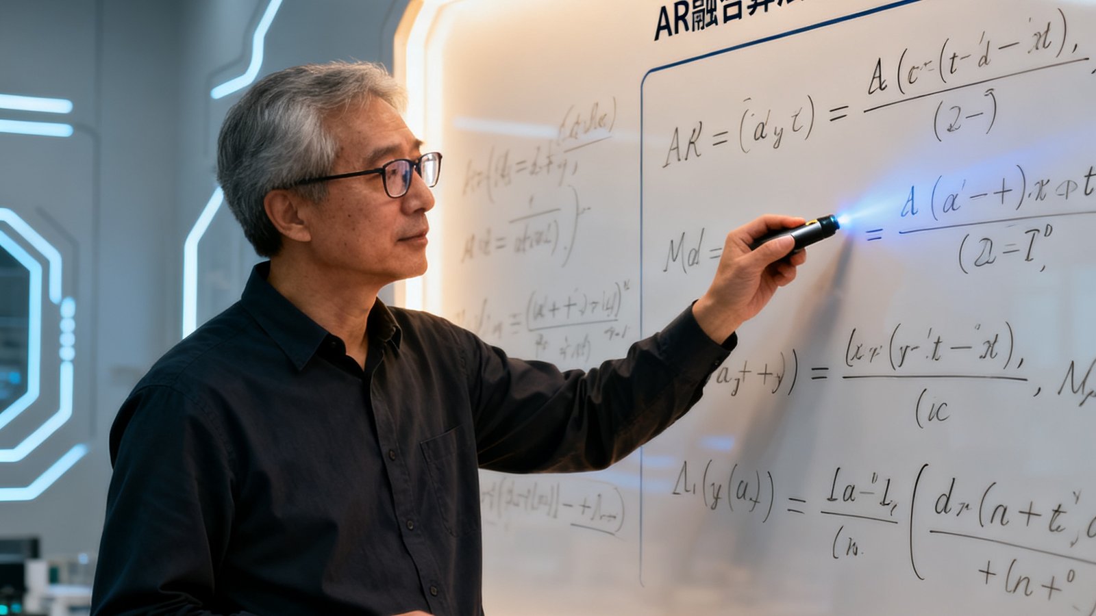 PT视讯平台算法研究院首席科学家，一位戴着眼镜的中年男性，站在写满数学公式的白板前，手中拿着激光笔指向AR融合算法的核心公式推导过程